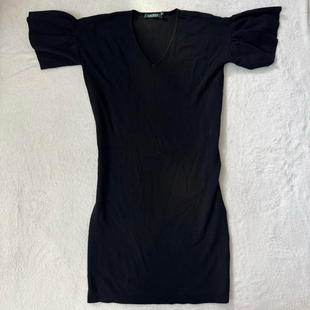 Ralph Lauren Black Knit Cotton-Blend Dress with Petal Sleeves - Picture 1 of 7